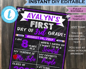 First day of School Sign Chalkboard- Class of 2029- Any Color- Any School Year- Personalize Digital Printable Template INSTANT Self EDITABLE