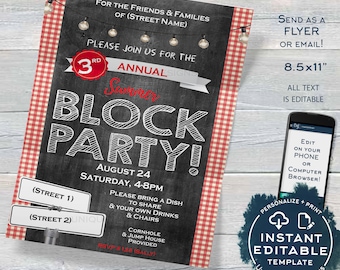 Block Party Invitation FLYER, Editable Street Party Neighborhood Invite, bbq Party Printable Personalized Chalkboard INSTANT ACCESS 8.5X11