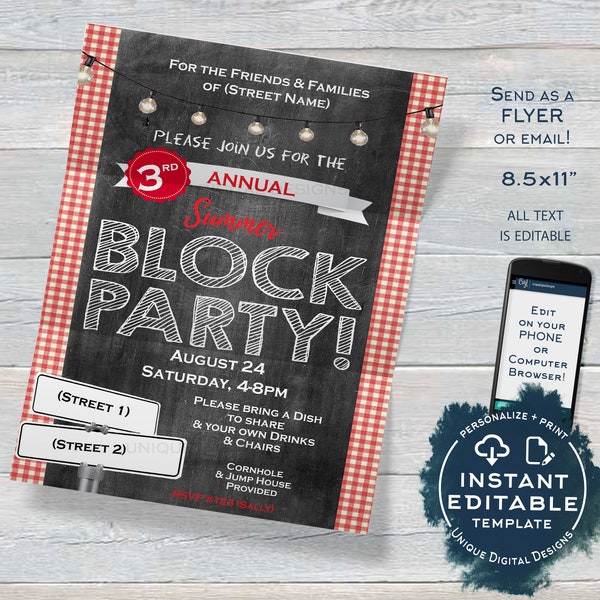 Block Party Invitation FLYER, Editable Street Party Neighborhood Invite, bbq Party Printable Personalized Chalkboard INSTANT ACCESS 8.5X11