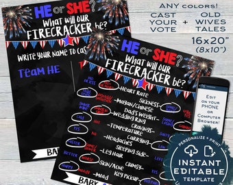 SAVE! Bundle 4th of July Gender Reveal Party Chalkboard plus Matching Cast your Vote Team He or She, diy Firecracker July 4th INSTANT ACCESS