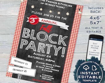 Fall Block Party Invitation, Editable Street Party Neighborhood Invitation, HOA Party bbq Printable Personalized Chalkboard INSTANT ACCESS