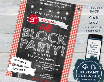Herbst-Block-Party-Einladung, bearbeitbare Straßenfest-Nachbarschaftseinladung, HOA-Party bbq druckbare personalisierte Kreidetafel SOFORTIGER ZUGRIFF