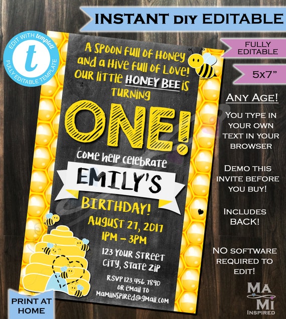 Bee Birthday Invite- Honey Bee Hive- Honeycomb- 1st Birthday Invitation- Any Birthday- One- Chalkboard- Printable 5x7 INSTANT Self-EDITABLE