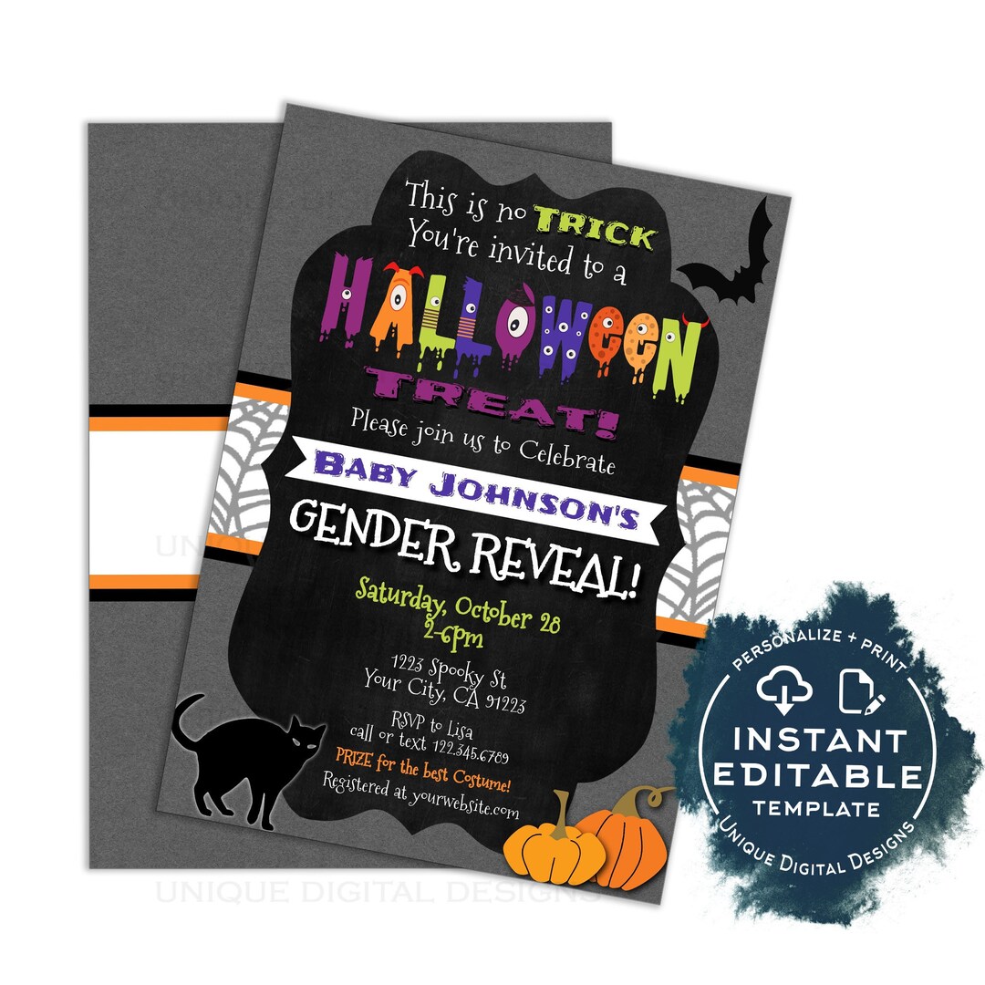 Halloween Gender Reveal Invitation, Editable Baby Shower Invite, He or ...