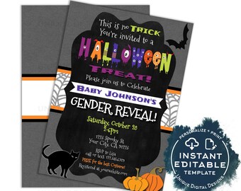 Halloween Gender Reveal Invitation, Editable Baby Shower Invite, He or She Little Monster, Boo-y or Ghoul Printable Digital Template INSTANT
