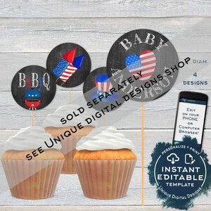 K&ouml;nnte beinhalten: Vier druckbare Cupcake-Topper mit amerikanischem Flaggen-Motiv in Rot, Wei&szlig; und Blau. Die Topper zeigen einen Grill, ein Herz, ein Feuerwerk und einen Hut. Der Text "SEPARAT VERKAUFT" und "SEHEN SIE EINZIGARTIGE DIGITALE DESIGNS SHOP" ist im Bild sichtbar.