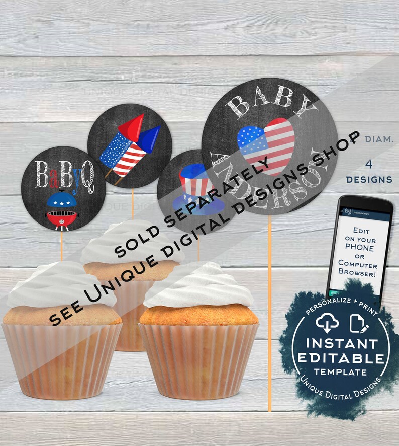 K&ouml;nnte beinhalten: Vier druckbare Cupcake-Topper mit amerikanischem Flaggen-Motiv in Rot, Wei&szlig; und Blau. Die Topper zeigen einen Grill, ein Herz, ein Feuerwerk und einen Hut. Der Text "SEPARAT VERKAUFT" und "SEHEN SIE EINZIGARTIGE DIGITALE DESIGNS SHOP" ist im Bild sichtbar.