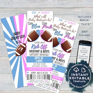 Gender Reveal Invitation Ticket, Editable Football Baby Shower Invite, He or She Football Ticket, Team Blue Team Pink Print INSTANT ACCESS