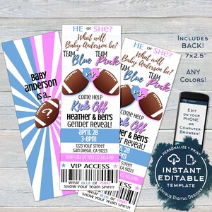 Gender Reveal Einladungskarte, bearbeitbare Fußball-Babyparty-Einladung, Er oder Sie Fußballticket, Team Blue Team Pink Print SOFORTIGER ZUGRIFF