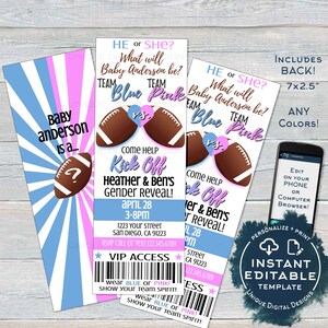 Gender Reveal Invitation Ticket, Editable Football Baby Shower Invite, He or She Football Ticket, Team Blue Team Pink Print INSTANT ACCESS