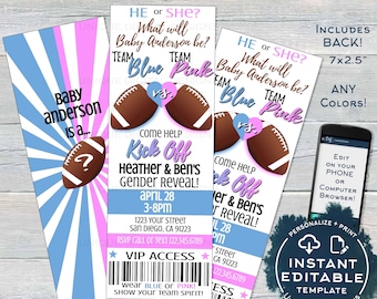 Gender Reveal Invitation Ticket, Editable Football Baby Shower Invite, He or She Football Ticket, Team Blue Team Pink Print INSTANT ACCESS