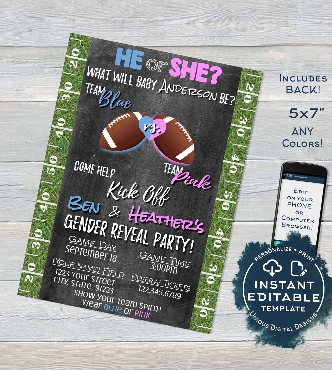Football Gender Reveal Invitation Editable Baby Shower Etsy