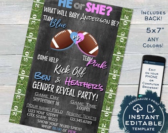 Football Gender Reveal Invitation, Editable Baby Shower Invite, Will Baby Be Team He or She, Touchdown Chalkboard Printable INSTANT ACCESS