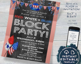 4th of July Block Party FLYER Invitation July 4th Party Red White Blue Firecracker Barbeque BBQ Neighborhood Printable INSTANT Edit 8.5x11