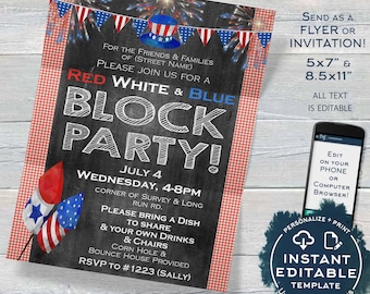 May include: Red, white, and blue printable invitation for a block party. The invitation features a chalkboard background with fireworks, a red, white, and blue hat, and the text "Red White & Blue Block Party!" The invitation also includes the date, time, and location of the party, as well as a request for guests to bring a dish to share. The invitation is available in two sizes: 5x7 inches and 8.5x11 inches.