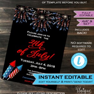 K&ouml;nnte beinhalten: Eine schwarz-rote Einladung zur 4. Juli-Party mit Feuerwerk und dem Text "4th of July!"  Dienstag, 4. Juli 2018, 15:00-20:00 Uhr. The Anderson House, 1223 Your, San Die. Feuerwerk, RSVP an 9789. Sofort bearbeitbar. Bearbeiten Sie es selbst und drucken/senden Sie es noch heute! Unique Digital Designs.