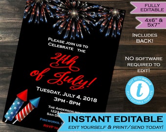 4th of July Party Invitation July 4 Invite Independence Day Party Fireworks Printable Personalized INSTANT ACCESS Self Editable 5x7 & 4x6