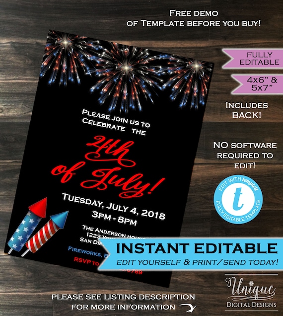 4th of July Party Invitation July 4 Invite Independence Day Party Fireworks Printable Personalized INSTANT ACCESS Self Editable 5x7 & 4x6