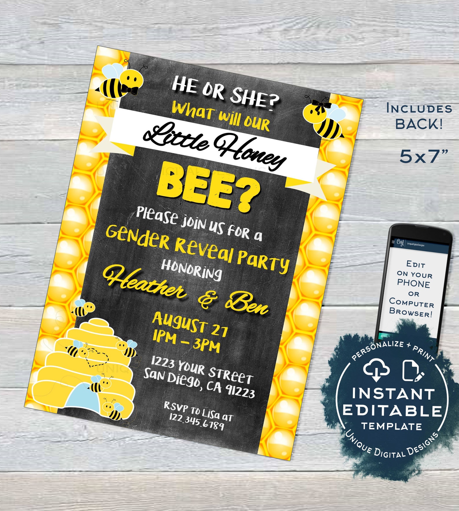 Honey Bee Gender Reveal Invitation Honey Bee Hive Invite Etsy