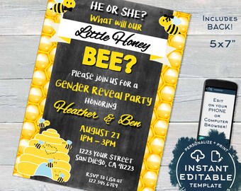 Honey Bee Gender Reveal Invitation - Honey Bee Hive Invite- Honeycomb- Sweet- Chalkboard- Printable - Personalized 5x7 INSTANT ACCESS