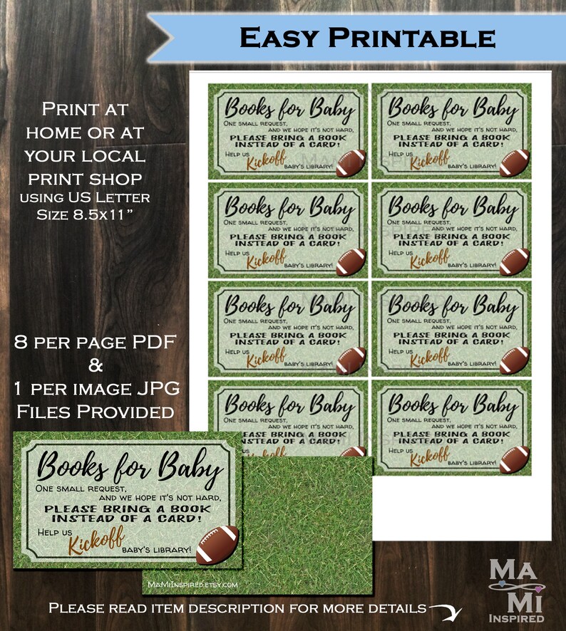 Football Raffle Books Diaper Raffle + Books for Baby Invitation Inserts Football Party Invite ...