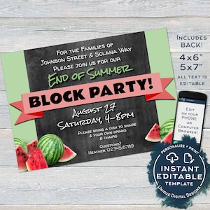 Block Party Invitation End of Summer, Editable Street Party, hoa Party bbq Watermelon Chalkboard Printable Personalized DIY INSTANT ACCESS