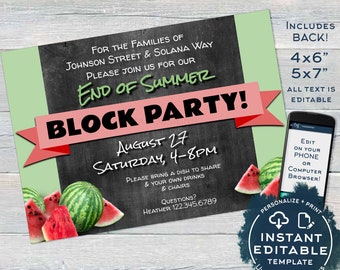 Block Party Invitation End of Summer, Editable Street Party, hoa Party bbq Watermelon Chalkboard Printable Personalized DIY INSTANT ACCESS