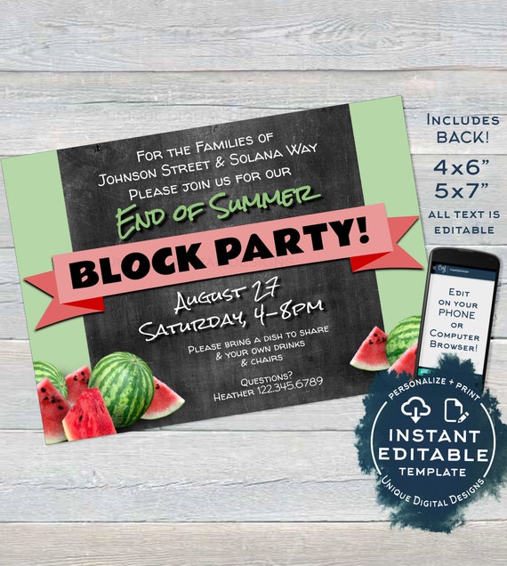 Block Party Invitation End of Summer Editable Street Party Etsy