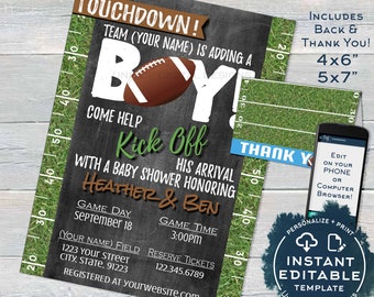 Fußball-Babyparty-Einladung Baby Sprinkle Baby Boy einladen Touchdown Tafel Digitale Vorlage Benutzerdefinierte Printable INSTANT EDITIERBARE 5x74x6