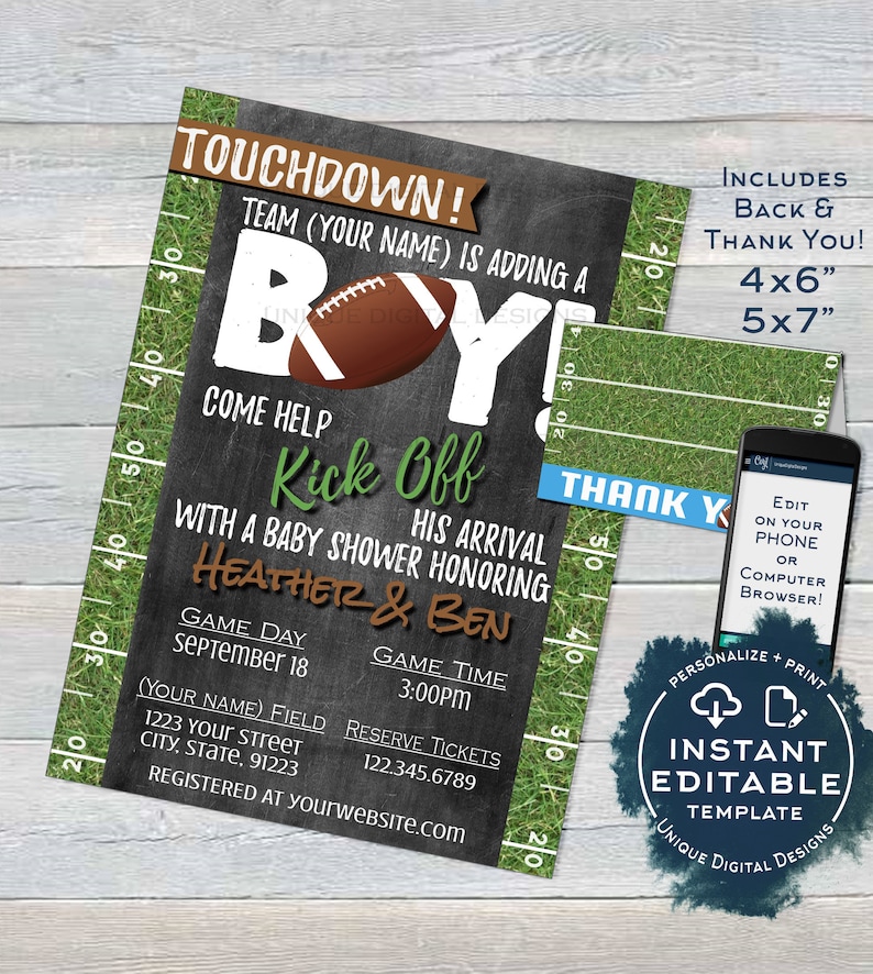 Football Baby Shower Invitation Baby Sprinkle Baby Boy Invite Touchdown Chalkboard Digital Template Custom Printable INSTANT EDITABLE 5x74x6 image 1