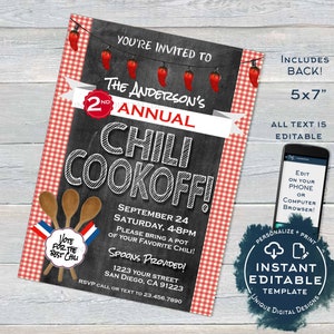 May include: A 5x7 inch printable invitation for a chili cook-off. The invitation is red, white, and blue with a chalkboard background. The text on the invitation reads "You're invited to The Anderson's 2nd Annual Chili Cookoff!"  September 24, Saturday, 4-8pm. Please bring a pot of your favorite chili! Spoons provided! 1223 Your Street, San Diego, CA 91223. RSVP call or text to 23.456.7890.