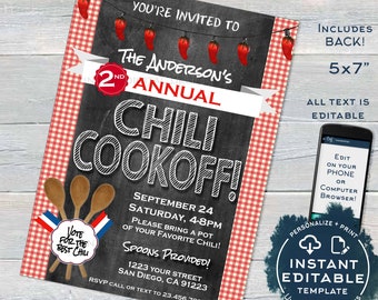 Chili Cook Off Invitation Chili Competition Chili Cookoff Party- Chili Pepper Vote Fall Party- Chalkboard Printable INSTANT SelfEDITABLE 5x7