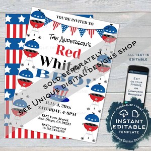 K&ouml;nnte beinhalten: Eine bearbeitbare Einladung zu einer Grillparty im Rot-Wei&szlig;-Blau-Design. Die Einladung zeigt ein rot-wei&szlig;-blaues amerikanisches Flaggenmuster, einen Grill und einen Hut mit Sternen und Streifen. Der Text auf der Einladung lautet "The Anderson's Red, White & Blue BBQ!" und enth&auml;lt Datum, Uhrzeit und Ort der Party. Die Einladung enth&auml;lt auch den Text "Separat verkauft" und "Sehen Sie sich den Shop Unique Digital Designs an".