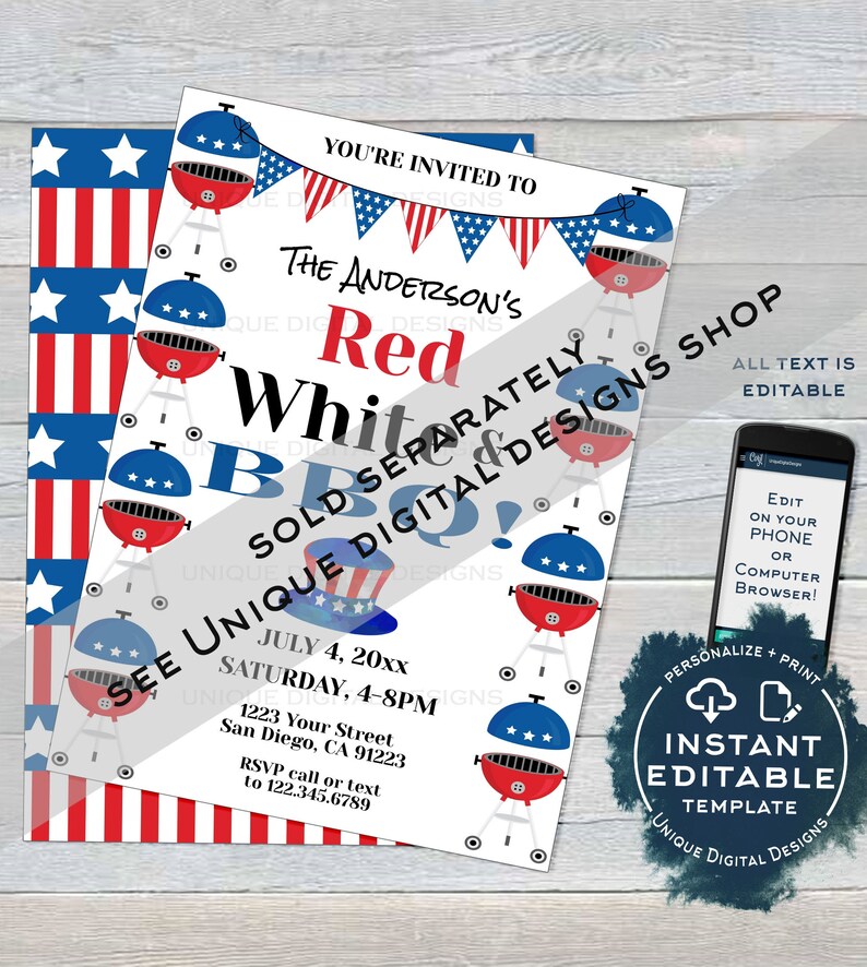 K&ouml;nnte beinhalten: Eine bearbeitbare Einladung zu einer Grillparty im Rot-Wei&szlig;-Blau-Design. Die Einladung zeigt ein rot-wei&szlig;-blaues amerikanisches Flaggenmuster, einen Grill und einen Hut mit Sternen und Streifen. Der Text auf der Einladung lautet "The Anderson's Red, White & Blue BBQ!" und enth&auml;lt Datum, Uhrzeit und Ort der Party. Die Einladung enth&auml;lt auch den Text "Separat verkauft" und "Sehen Sie sich den Shop Unique Digital Designs an".