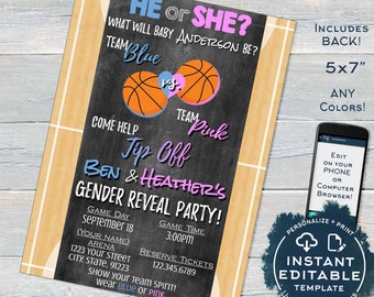 Basketball Gender Reveal Invitation, Editable Baby Shower Invite, What will Baby Be Team He vs She, Chalkboard Printable INSTANT ACCESS