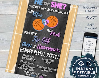 Basketball Gender Reveal Invitation, Editable Baby Shower Invite, What will Baby Be Team He vs She, Chalkboard Printable INSTANT ACCESS