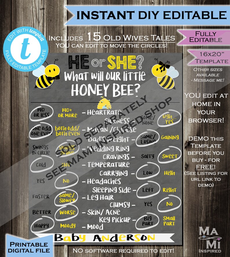 Biene Geburtstag einladen - Honigbienenstock - Honigwabe - 1. Geburtstagseinladung - Jeder Geburtstag - Eins - Tafel - Printable 5x7 SOFORT selbst BEARBEITBAR Bild 5