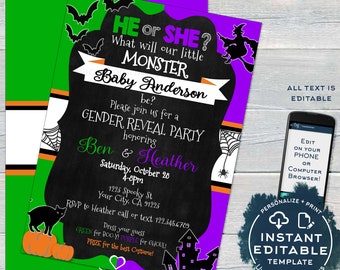 Halloween Gender Reveal Invitation, Editable Baby Shower Invite, He or She Little Monster, diy Chalkboard Template Printable INSTANT ACCESS