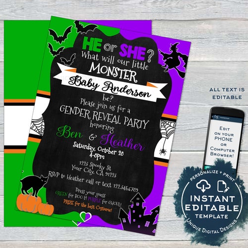 EDITABLE Halloween Gender Reveal Invitation Fall Baby Gender | Etsy