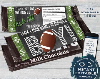 Football Candy Bar Wrapper Chocolate Bar Baby Boy It's a Boy Baby Shower - Football theme decoration- Printable INSTANT Self Editable 1.55oz