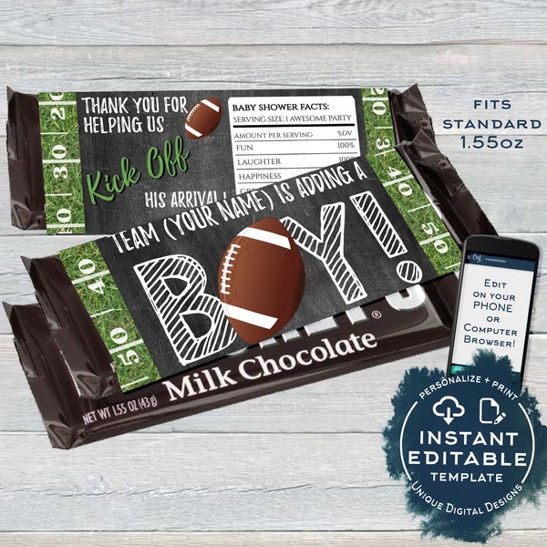 Football Candy Bar Wrapper Chocolate Bar Baby Boy It's a Boy Baby Shower - Football theme decoration- Printable INSTANT Self Editable 1.55oz