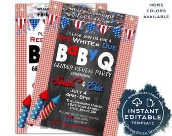 4th of July Gender Reveal Invitation July 4th Party Red White Blue Firecracker BabyQ Barbeque BBQ Boy or Girl Printable INSTANT Editable 5x7