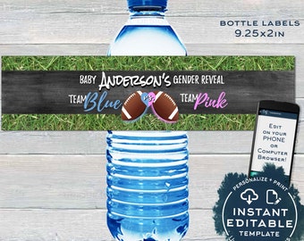 Football Gender Reveal Water Bottle Wrap Beer He or She Party Decoration Touchdown Kick Off Chalkboard Custom Printable INSTANT EDITABLE