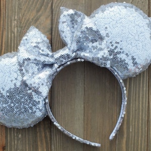 Silver Sequin Minnie Mouse Ears, Minnie Ears, Mickey Ears, Disney Ears, Headband Ears, Shiny Minnie Ears, Pick Your Bow Minnie Ears