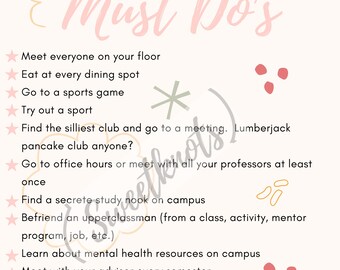 University MUST DO First Year Bucket List Printable College Freshman Wall Hanging Dorm Décor Pretty Pink Boho Creative Happy Vibes