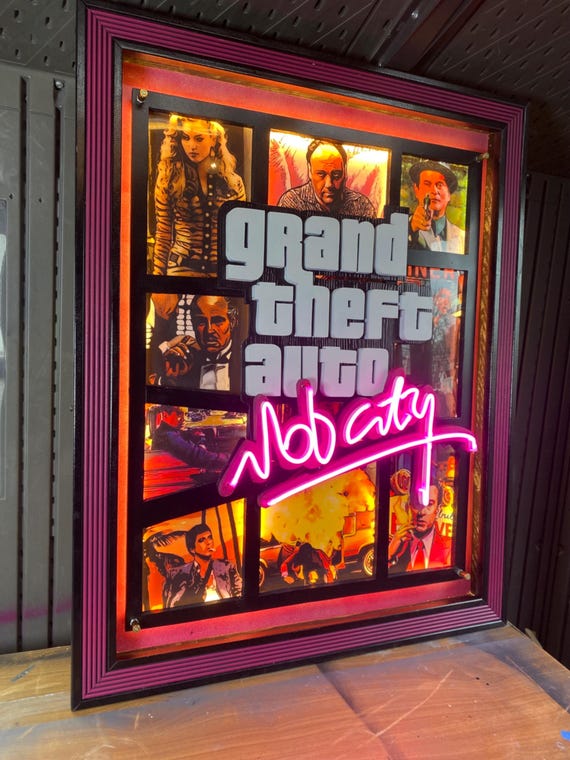 A handmade neon-style LED sign riffing on GTA's iconic aesthetic — the kind of room piece that instantly telegraphs your personality.