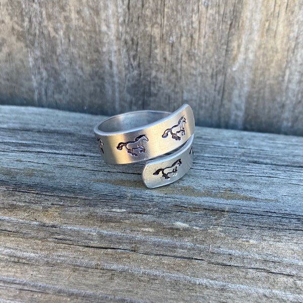 Horse ring, western, equine, wrap ring, stamped, handmade, horse girl, rodeo, cowgirl, jewelry, southwest, gift