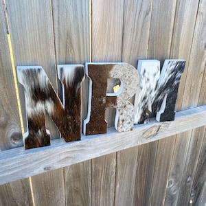 Letra de piel de vaca, decoración del hogar, western, rodeo, vaquera, ganado, inicial, suroeste, rancho, marca, hecho a mano, piel de vaca auténtica, vaquero, regalo