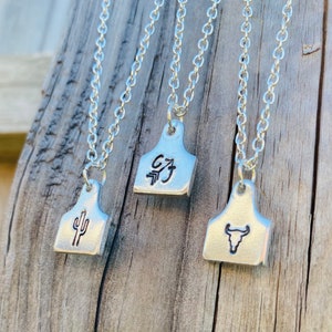 Cow tag, necklace, silver, stamped, custom, western, boho, ranchy, rodeo style, cowgirl, bullskull, cactus, handmade, 18” chain
