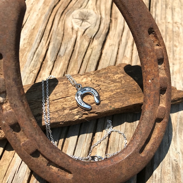 Horse shoe necklace, charm necklace, custom, silver tone, country style